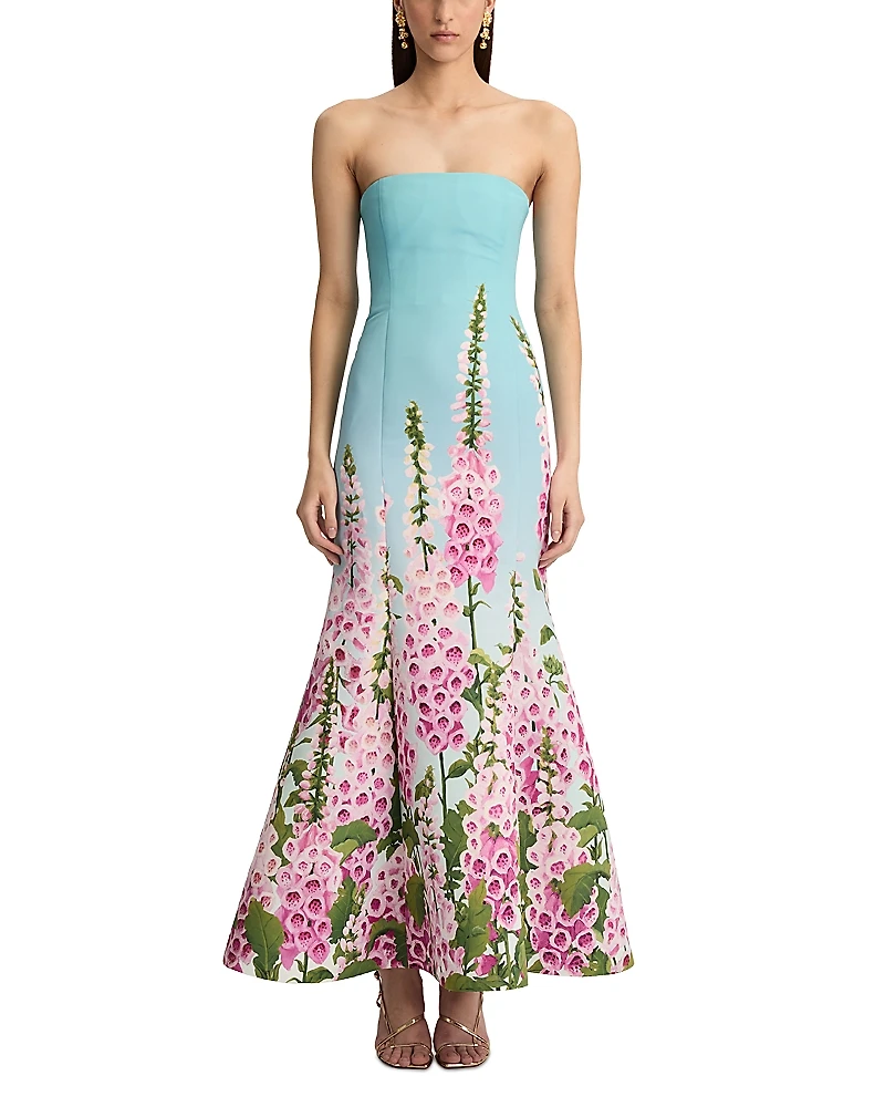 Oscar de la Renta Strapless Foxgloves Ombre Faille Gown
