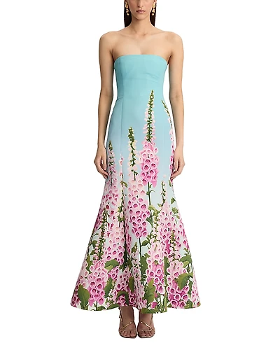 Oscar de la Renta Strapless Foxgloves Ombre Faille Gown
