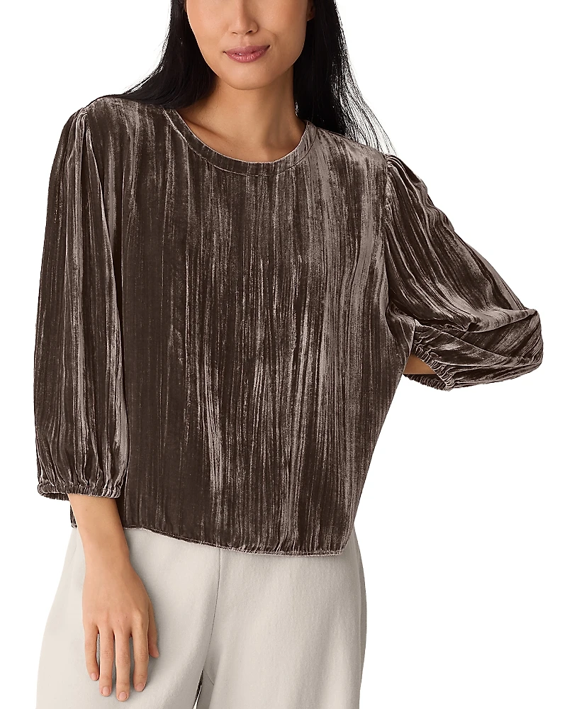 Eileen Fisher Crushed Velvet Round Neck Bubble Sleeve Top