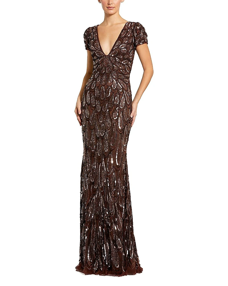Mac Duggal Beaded Embellished V Neck Cap Sleeve Column Gown