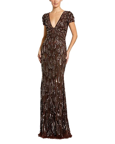 Mac Duggal Beaded Embellished V Neck Cap Sleeve Column Gown