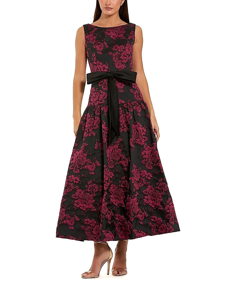 Mac Duggal Brocade Sleeveless Midi Dress with Satin Bow