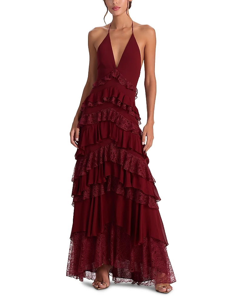 Alice and Olivia Liana V Neck Ruffle Maxi Dress