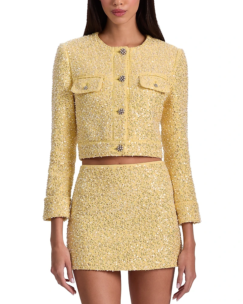 Alice and Olivia Lorie Long Sleeve Embellished Tweed Jacket