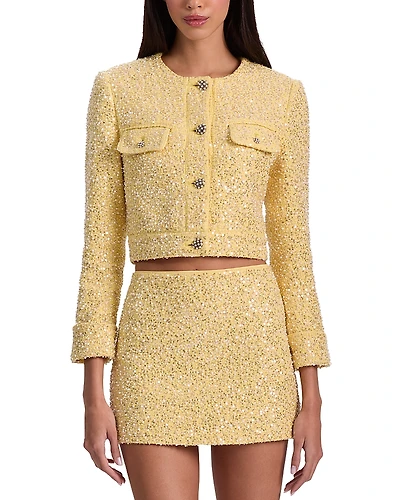 Alice and Olivia Lorie Long Sleeve Embellished Tweed Jacket