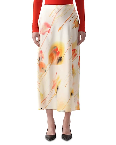 Jason Wu Collection Washed Satin Watercolor Floral Bias Slip Pencil Midi Skirt