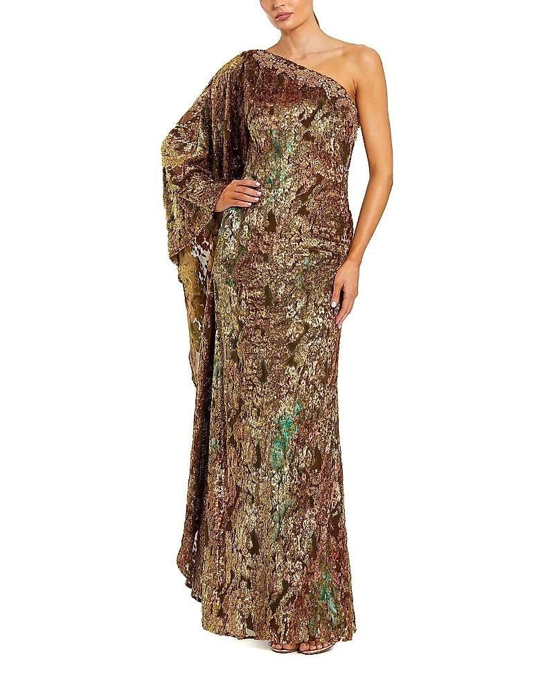 Mac Duggal One Shoulder Metallic Burnout Velvet Evening Gown