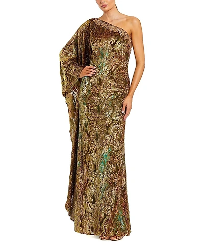 Mac Duggal One Shoulder Metallic Burnout Velvet Evening Gown
