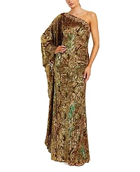 Mac Duggal One Shoulder Metallic Burnout Velvet Evening Gown