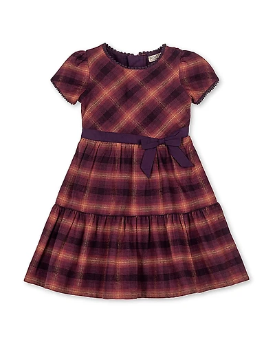 Hope & Henry Girls' Organic Puff Sleeve Tiered Flannel Dress with Sash - Little Kid, Big Kid