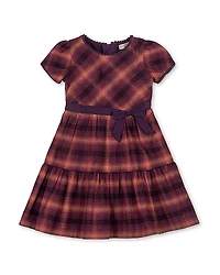 Hope & Henry Girls' Organic Puff Sleeve Tiered Flannel Dress with Sash - Little Kid, Big Kid