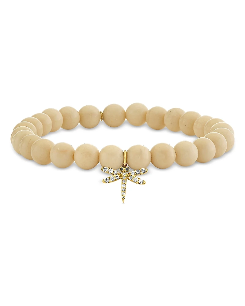 Sydney Evan 14K Yellow Gold Diamond & White Coral Dragonfly Charm Beaded Bracelet