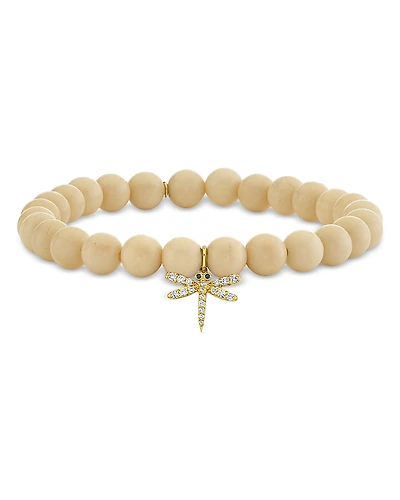 Sydney Evan 14K Yellow Gold Diamond & White Coral Dragonfly Charm Beaded Bracelet