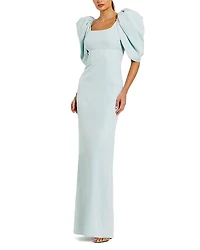 Mac Duggal Fitted Crepe Scoop Neck Gown With Puff Sleeves