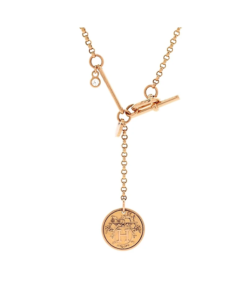Pre-Owned HERMES Small Ex-Libris Pendant Necklace 18K Rose Gold with Diamond, 15 - 16.75"