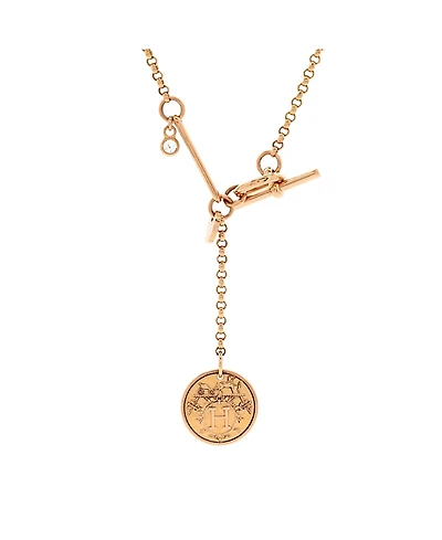 Pre-Owned HERMES Small Ex-Libris Pendant Necklace 18K Rose Gold with Diamond, 15 - 16.75"