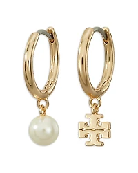 Tory Burch Kira Imitation Pearl & Double T Charm Mismatched Hoop Earrings