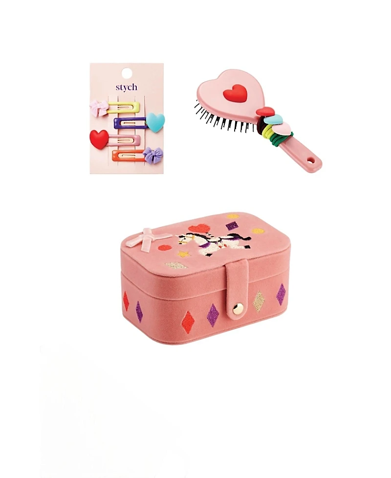 Stych Unicorn Jewelery Box & Hair Gift Set (Hair Brush, Hair Ties, Hair Clips) - 9 pieces
