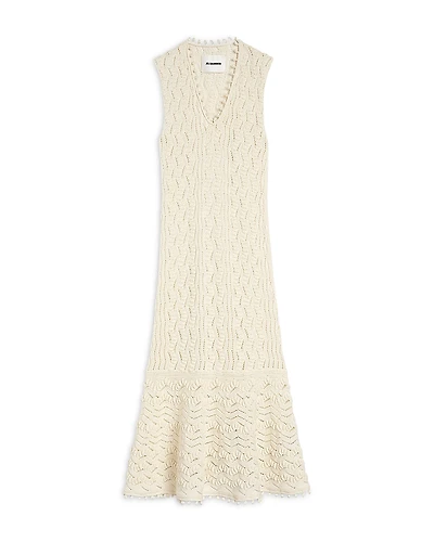 Jil Sander Sleeveless Fine Crochet Knit V Neck Dress