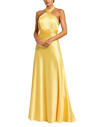 Mac Duggal Ruched Halter Neck Tie Back Satin Gown