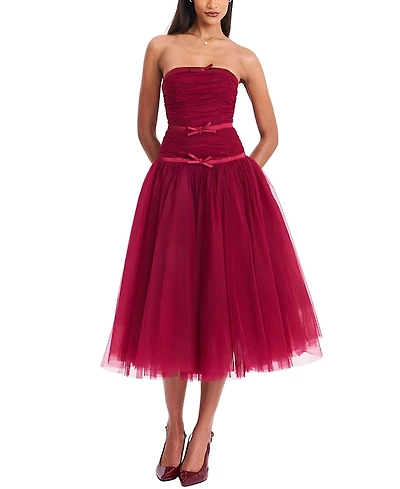 Miss Circle Mabel Drop Waist Layered Mesh Midi Puffy Dress with Bow