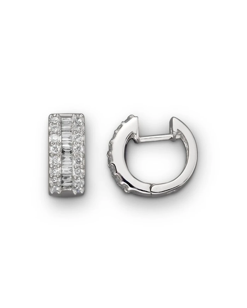 Round and Baguette Diamond Hoop Earrings in 14K White Gold, .85 tcw