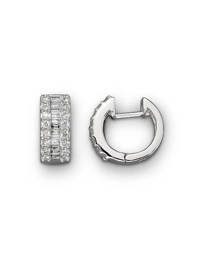 Round and Baguette Diamond Hoop Earrings in 14K White Gold, .85 tcw
