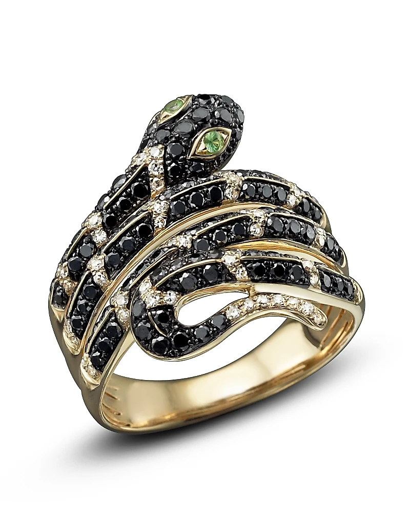 Black and White Diamond Snake Ring with Tsavorite