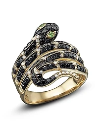 Black and White Diamond Snake Ring with Tsavorite