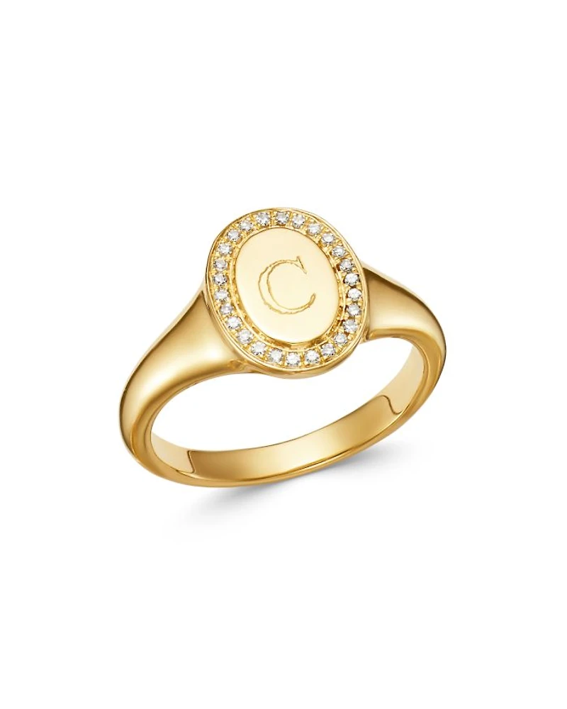 14K Yellow Gold Diamond Initial Signet Ring