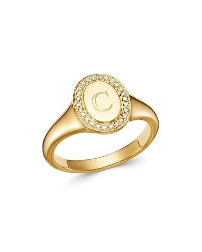 14K Yellow Gold Diamond Initial Signet Ring