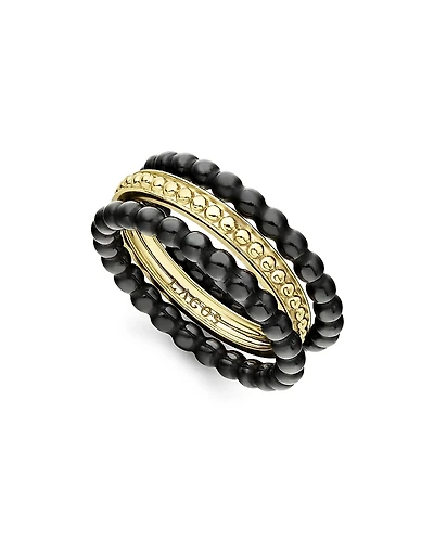 Lagos Meridian 18K Yellow Gold Caviar Gold Black Ceramic Stacking Rings, Set of 3