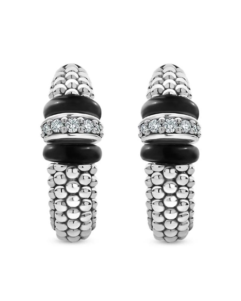 Sterling Silver Black Caviar Diamond & Black Ceramic Hoop Earrings