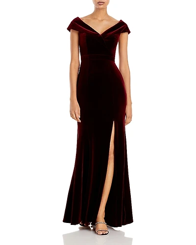 Aqua Off-the-Shoulder Fluted Velvet Gown - Exclusive