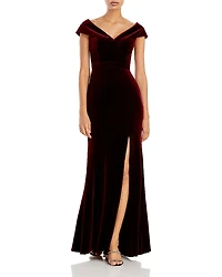 Aqua Off-the-Shoulder Fluted Velvet Gown - Exclusive