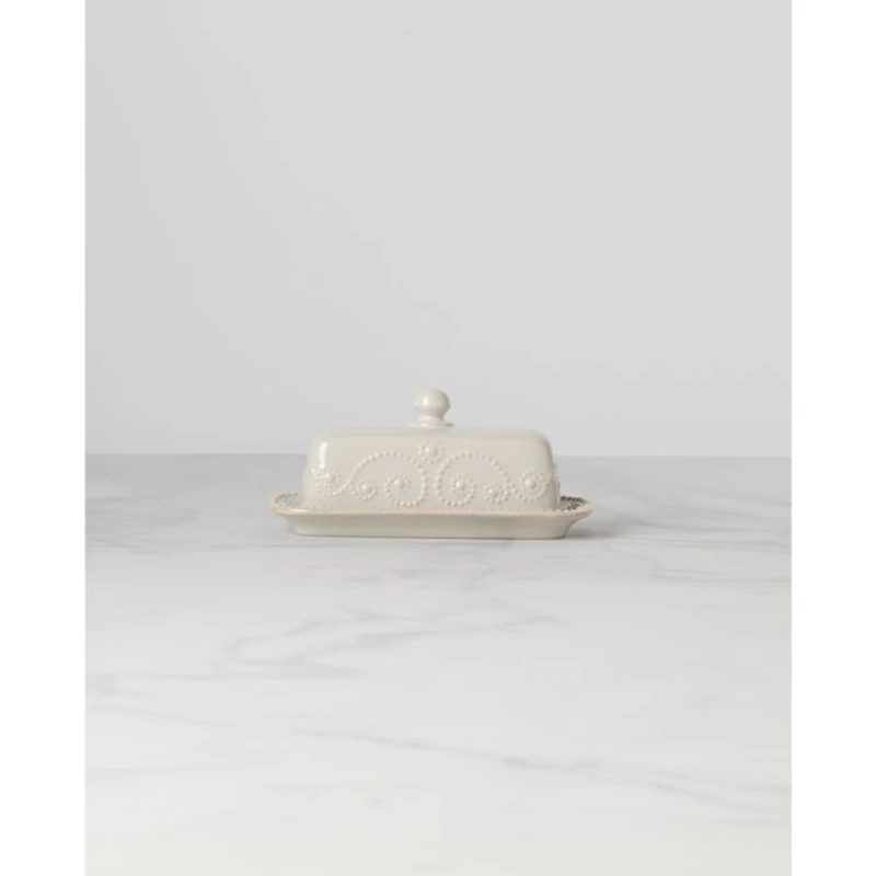 French Perle White Covered Butter Dish