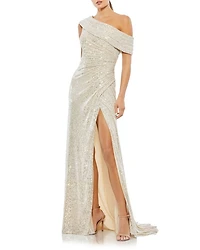 One-Shoulder Ruched Sequined Gown