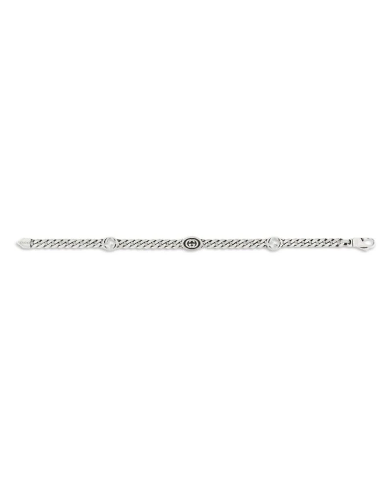Sterling Silver Black Enamel Double G Logo Curb Link Chain Bracelet