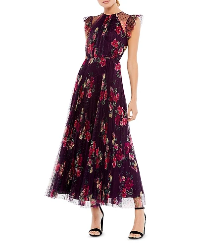 Mac Duggal Floral Flutter Sleeve Midi Dress