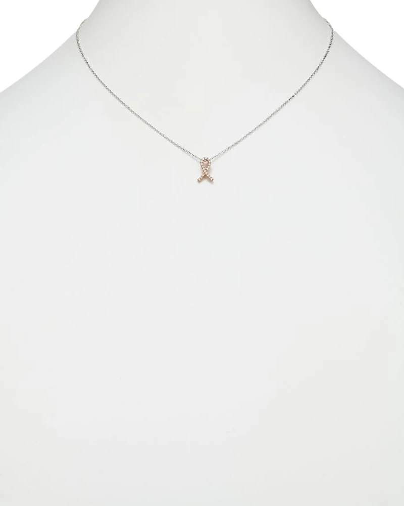 Diamond Pink Ribbon Pendant Necklace in 14K Rose and White Gold, .10 tcw