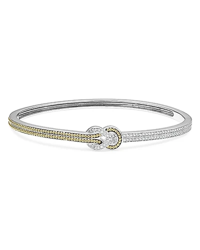 Lagos 18K Yellow Gold & Sterling Silver Newport Diamond Knot Hinged Bangle Bracelet