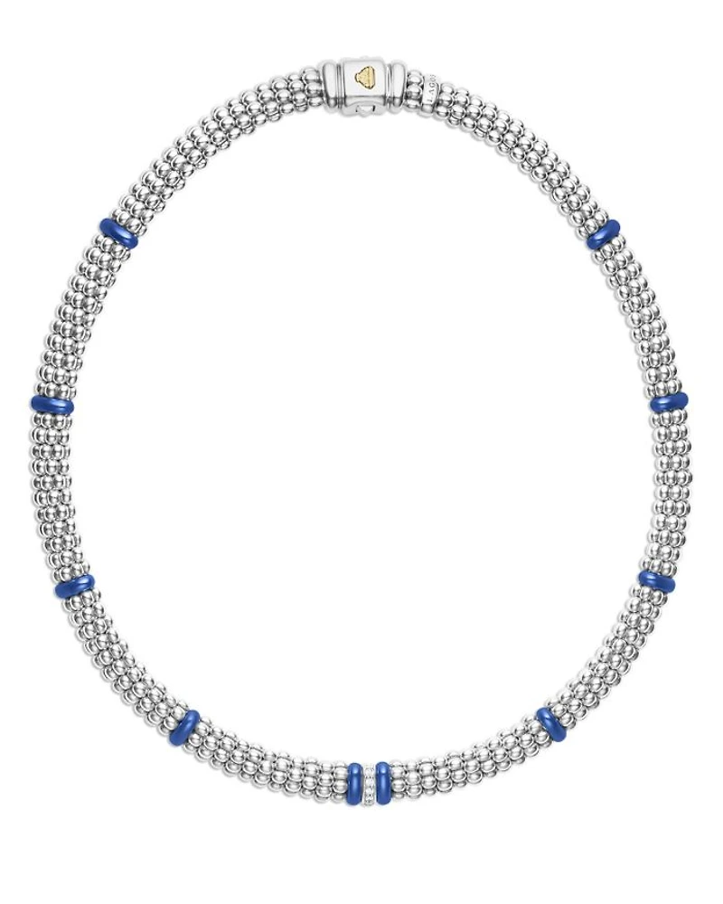 18K Yellow Gold & Sterling Silver Diamond & Blue Ceramic Rondelle & Bead Statement Necklace, 16"
