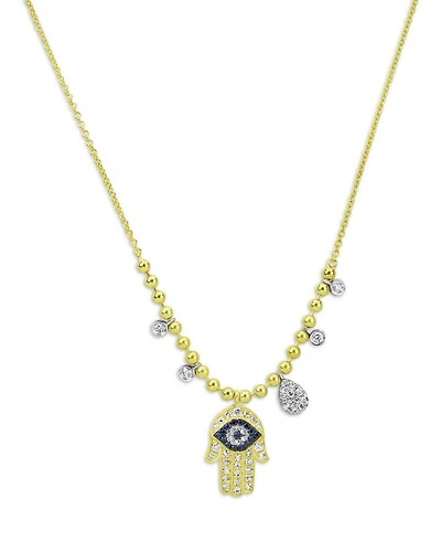 14K White Gold & Yellow Gold Blue Sapphire & Diamond Hamsa Hand Pendant Necklace, 18"