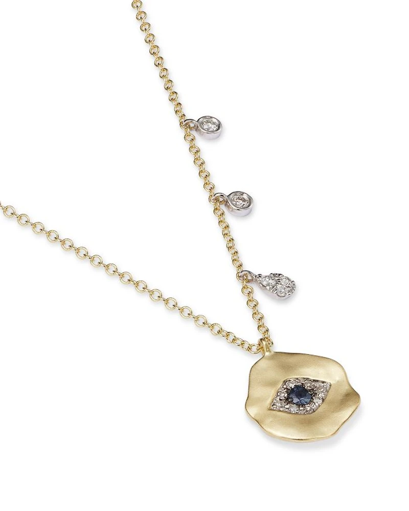 14K White & Yellow Gold Evil Eye Sapphire & Diamond Disc Pendant Necklace, 16"
