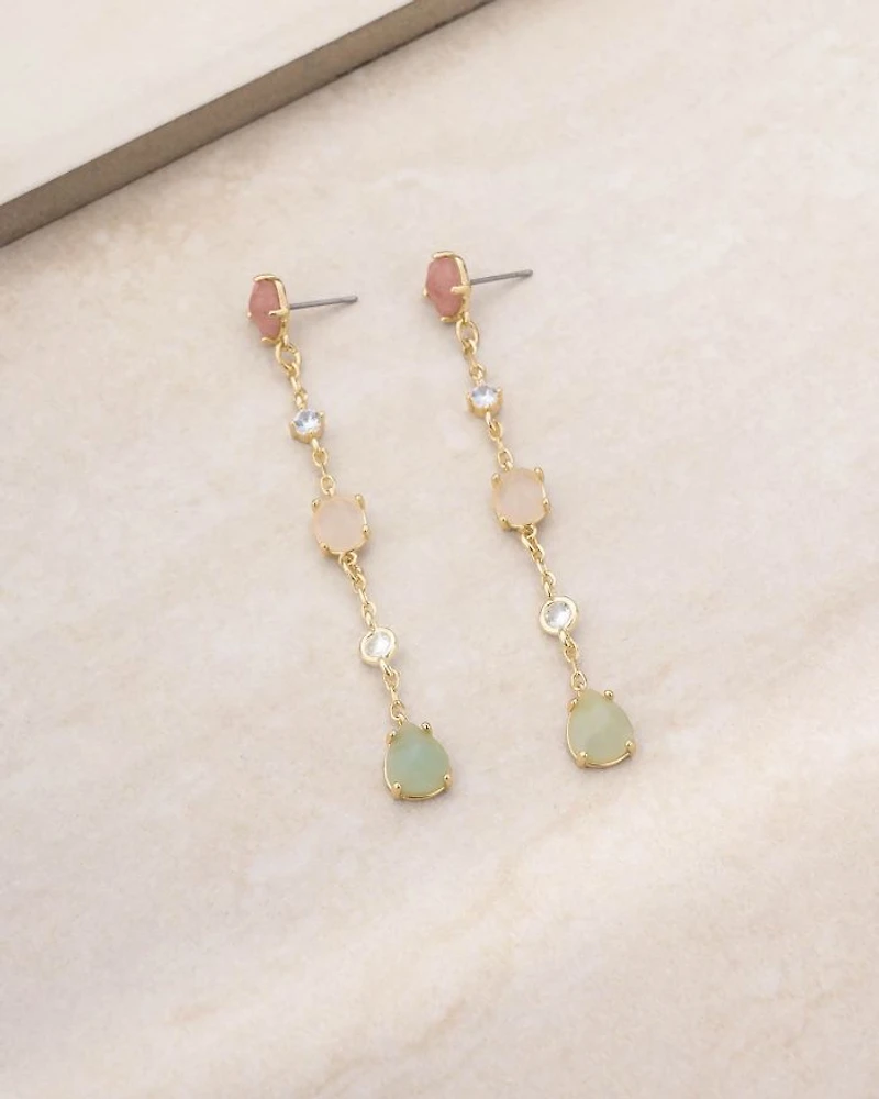 Earth Stone Mixed Crystal Linear Drop Earrings in 18K Gold Plated