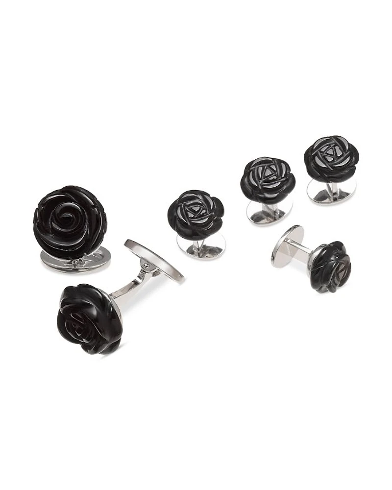 Carved Rose Sterling Silver & Black Onyx Stud & Cufflink Set
