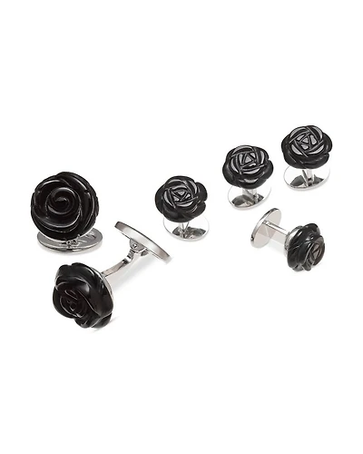 Carved Rose Sterling Silver & Black Onyx Stud & Cufflink Set