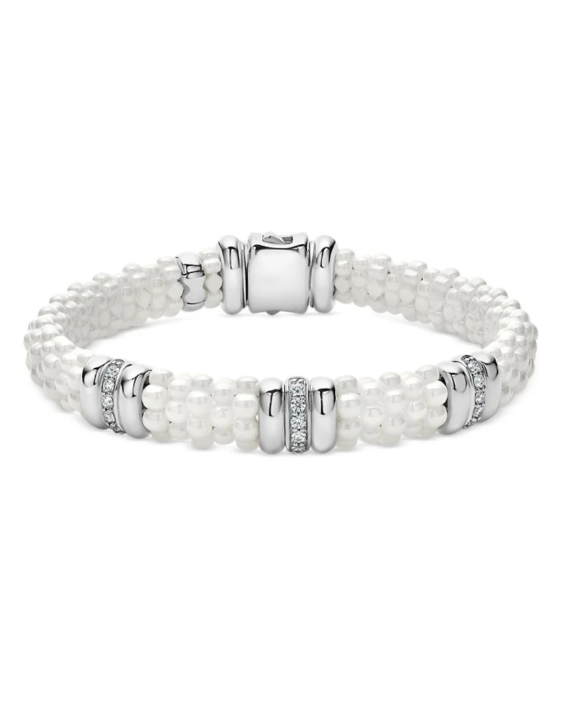 Sterling Silver & Ceramic White Caviar Diamond Three Station Bracelet