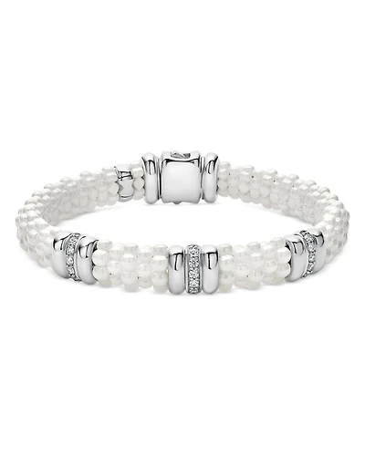 Sterling Silver & Ceramic White Caviar Diamond Three Station Bracelet