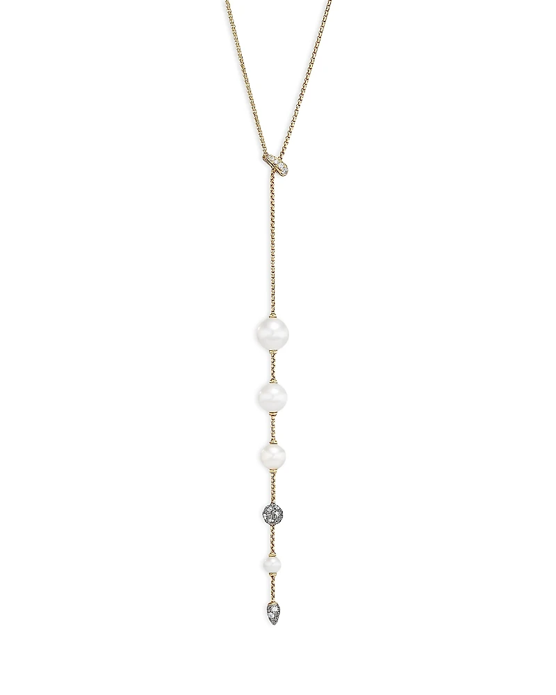 David Yurman 18K Yellow Gold Cultured Freshwater Pearl & Pave Diamond Y Necklace, 28